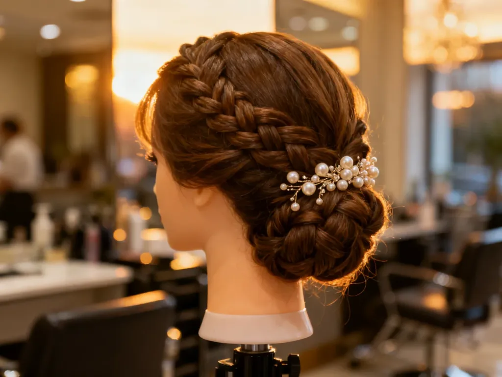 Eleganckie upięcie ślubne z warkoczem i perłami na głowie manekina w profesjonalnym salonie fryzjerskim.
