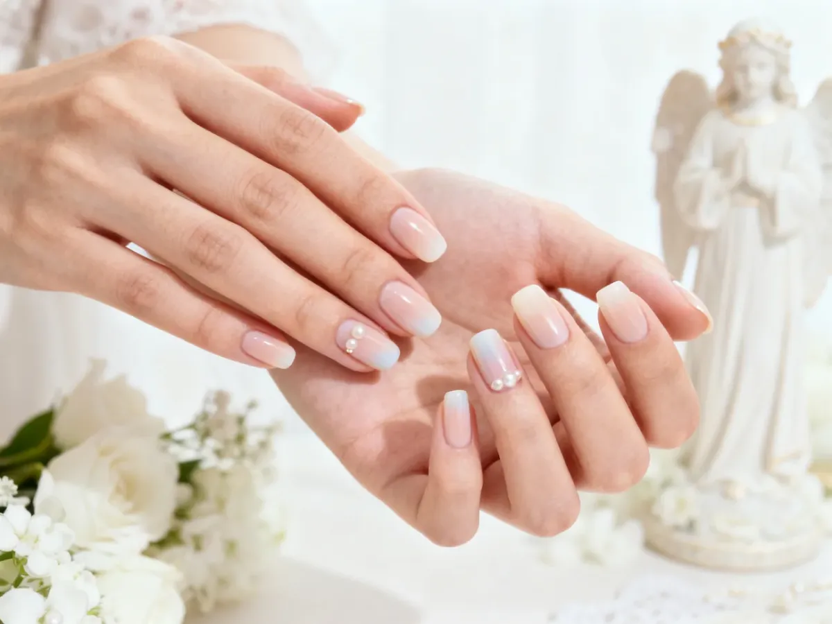 Elegancki mleczny manicure Baby Boomer z subtelnymi perełkami
