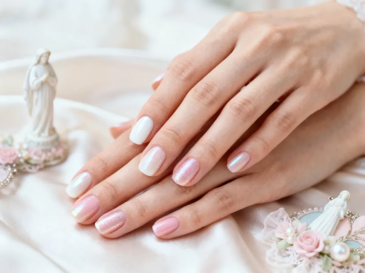 Eleganckie dłonie z delikatnym mlecznym manicure na jasnej satynie