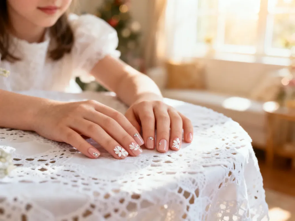 Dłonie dziewczynki z delikatnym, komunijnym manicure w odcieniu nude z subtelnymi białymi kwiatami i srebrnymi akcentami.