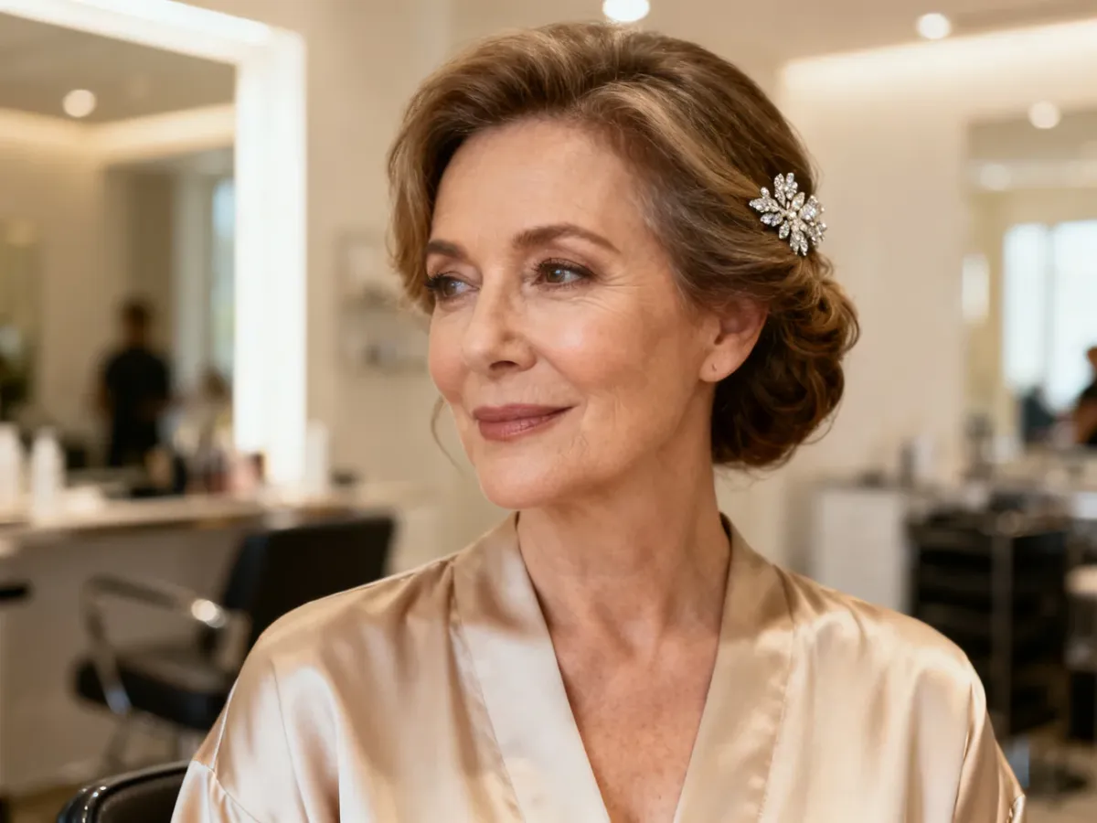 Elegancka mama pana młodego z delikatną ozdobą we włosach