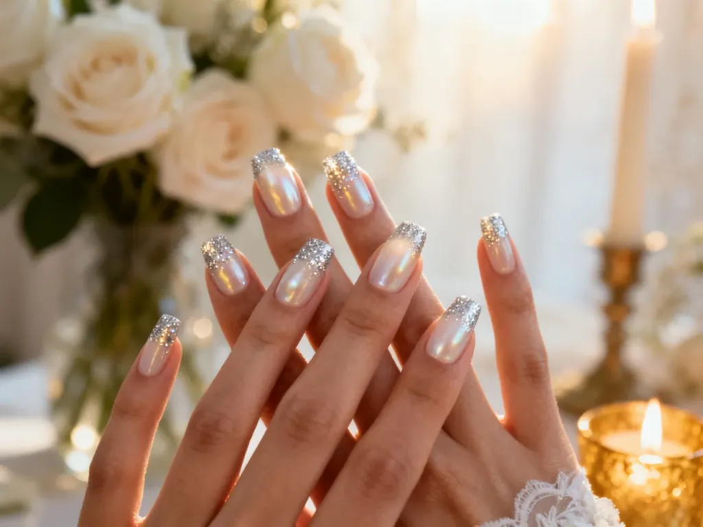 Eleganckie paznokcie ślubne z perłowym wykończeniem i delikatnym srebrnym brokatem na końcówkach.
