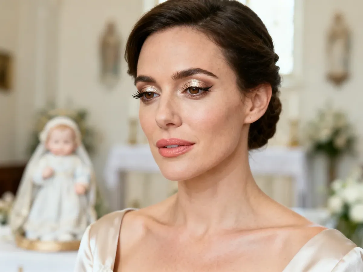 Elegancki, delikatny makijaż chrzestnej w naturalnych odcieniach