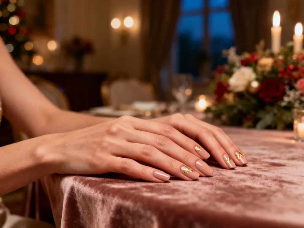 Eleganckie dłonie z minimalistycznym manicure w kolorze nude ze złotymi akcentami na tle świątecznego stołu.