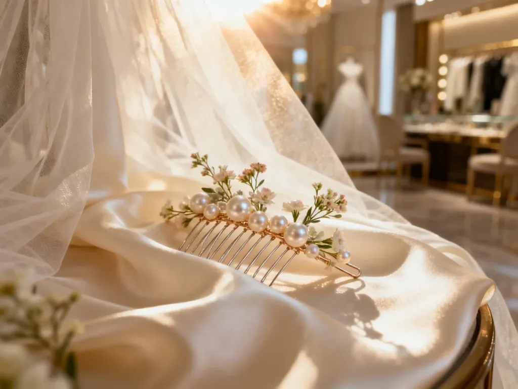 Eleganckie perłowe ozdoby i kwiaty na ślubnym welonie, podkreślające romantyczny charakter stylizacji panny młodej.