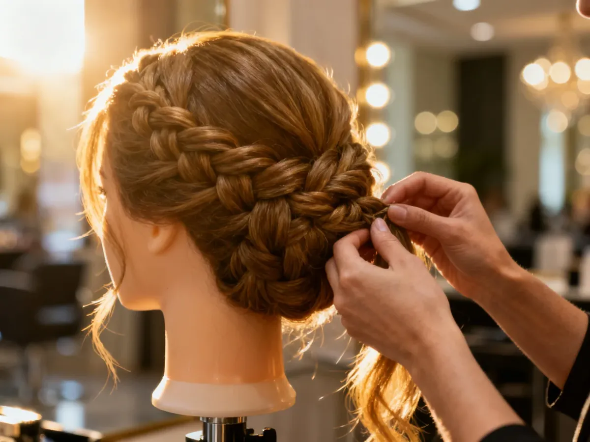 Profesjonalna stylistka tworząca skomplikowane, eleganckie upięcie z warkoczem na manekinie w romantycznym oświetleniu.