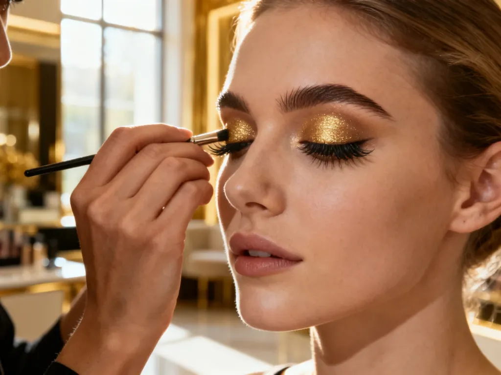 Wizażystka nakłada złoty cień na powiekę modelki, tworząc elegancki makijaż ślubny w stylu glamour.