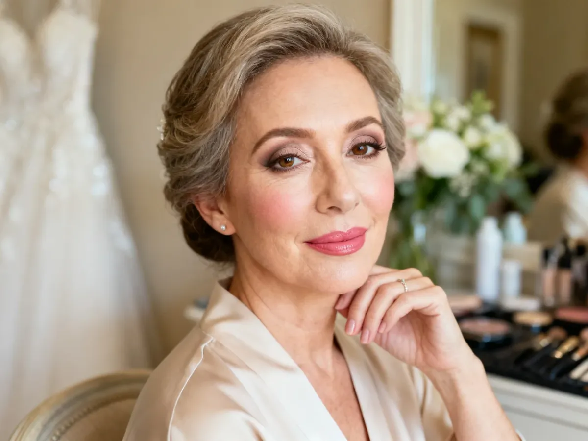 Elegancki, naturalny makijaż dojrzałej mamy panny młodej w stonowanych kolorach