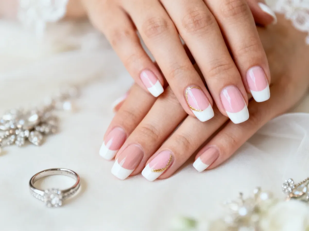 Elegancki ślubny french manicure z delikatnymi złotymi akcentami