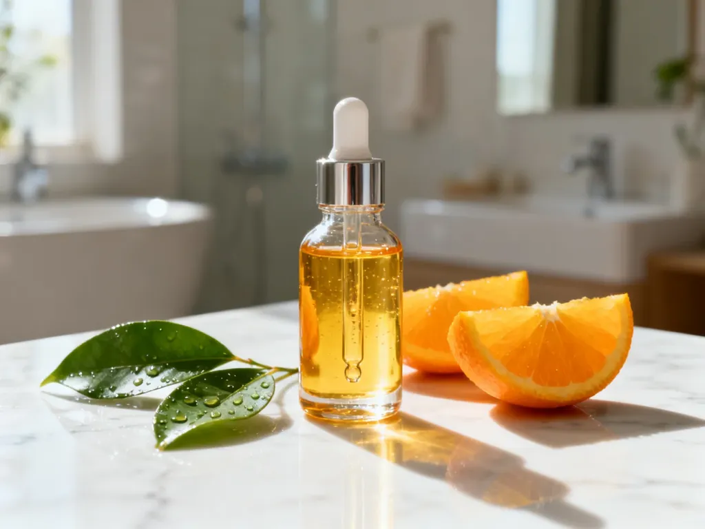Szklana buteleczka z serum z witaminą C obok świeżych pomarańczy na marmurowym blacie, podkreślająca pielęgnacyjne właściwości.