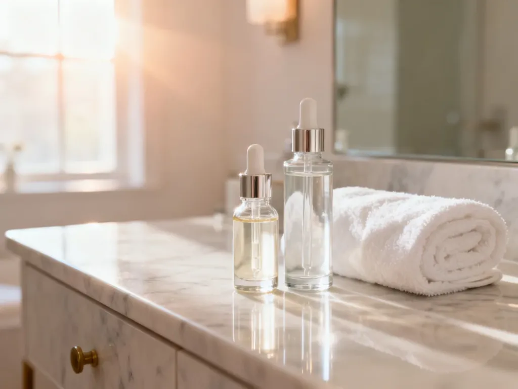 Eleganckie kosmetyki pielęgnacyjne na marmurowym blacie, tworzące atmosferę domowego spa przed uroczystością komunijną.