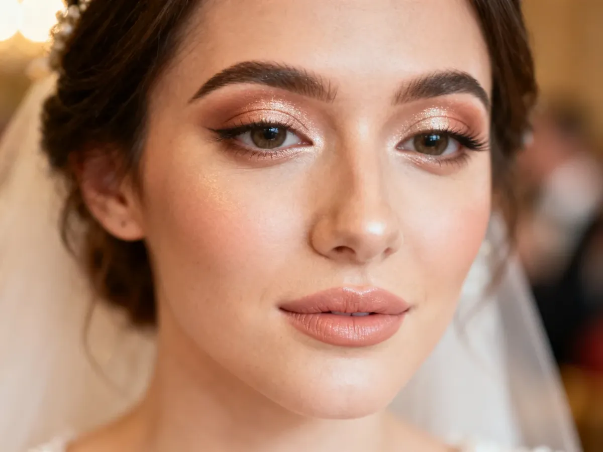 Kobieta z eleganckim, rozświetlającym makijażem na wesele