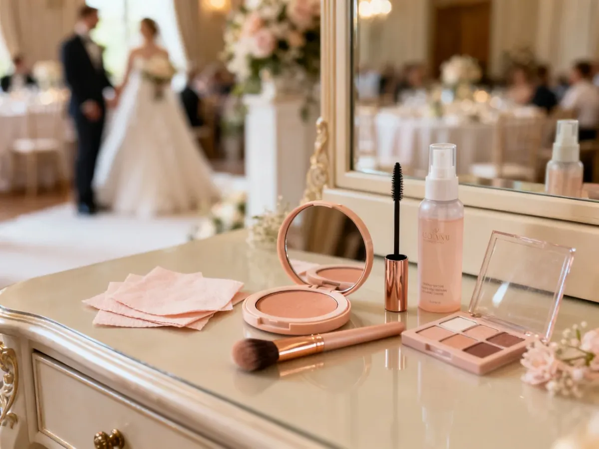 Kosmetyki do trwałego makijażu druhny ułożone na eleganckiej toaletce
