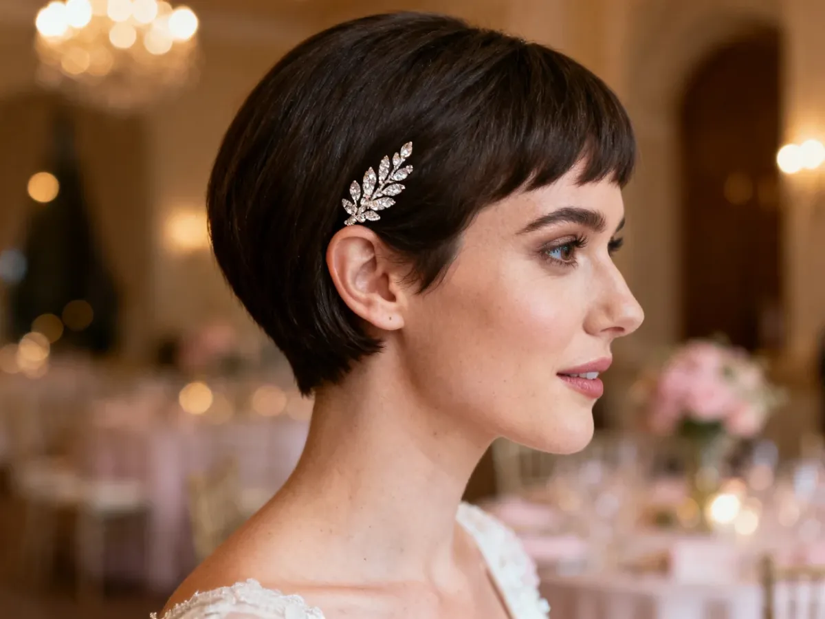 Elegancka krótka fryzura pixie z delikatną biżuteryjną ozdobą na wesele