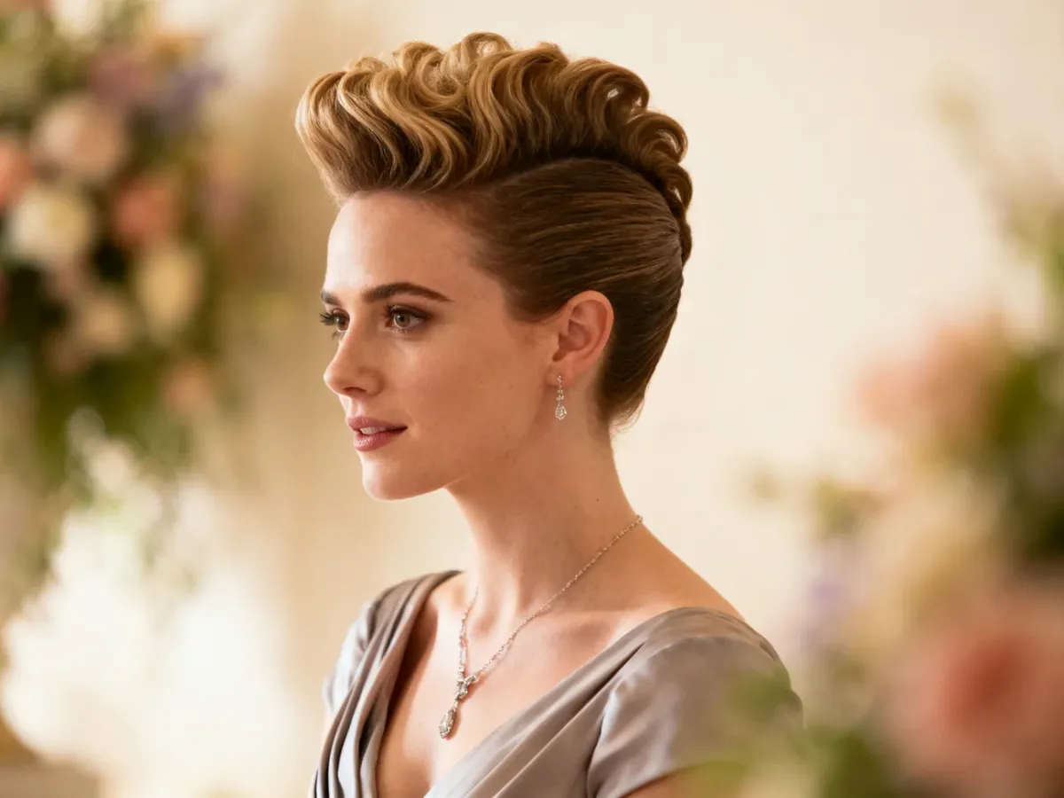 Elegancka kobieta w weselnej fryzurze fauxhawk z uniesionymi, miękkimi falami