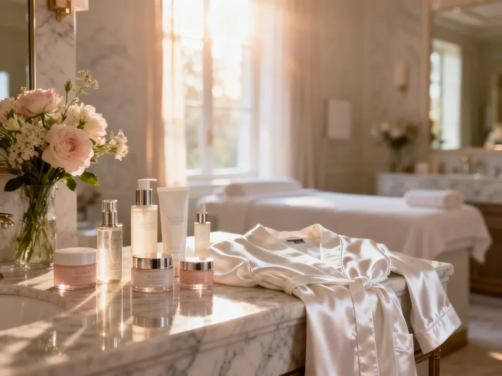 Luksusowe kosmetyki, jedwabny szlafrok i kwiaty na toaletce, tworzące atmosferę przygotowań ślubnych w salonie spa.