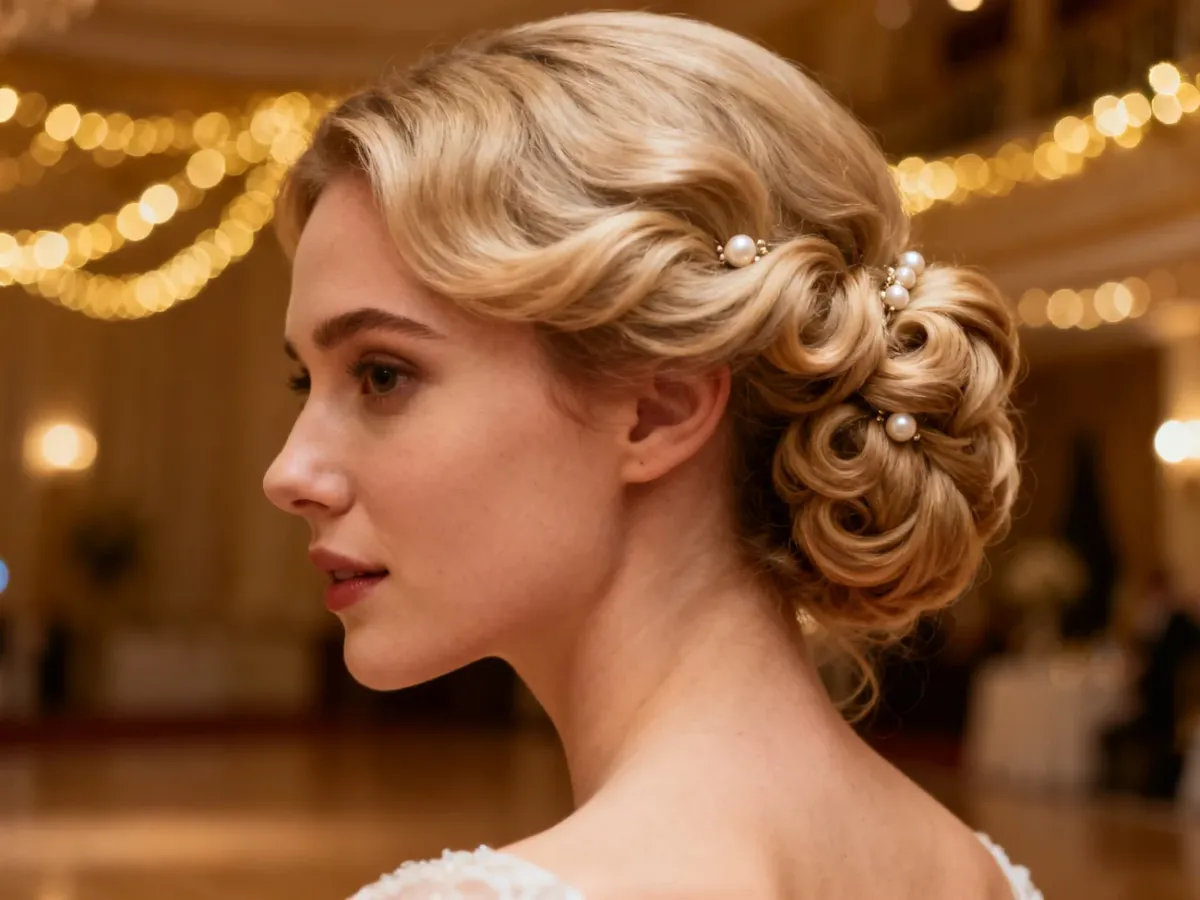 Eleganckie upięcie z jasnych loków ozdobione perłami, idealne na wesele. Fryzura w stylu glamour w sali balowej.