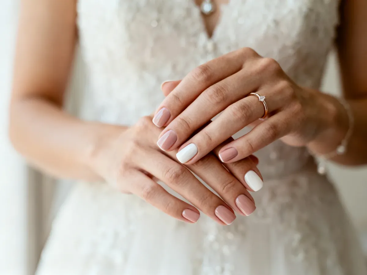 Dłonie panny młodej z delikatnym naturalnym manicure i obrączką