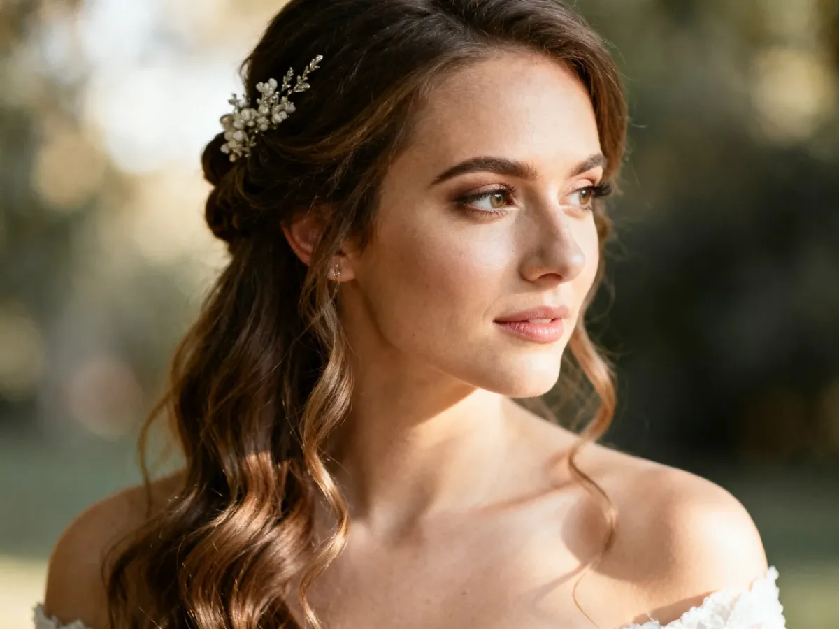 Panna młoda z eleganckimi falami we włosach w romantycznym świetle