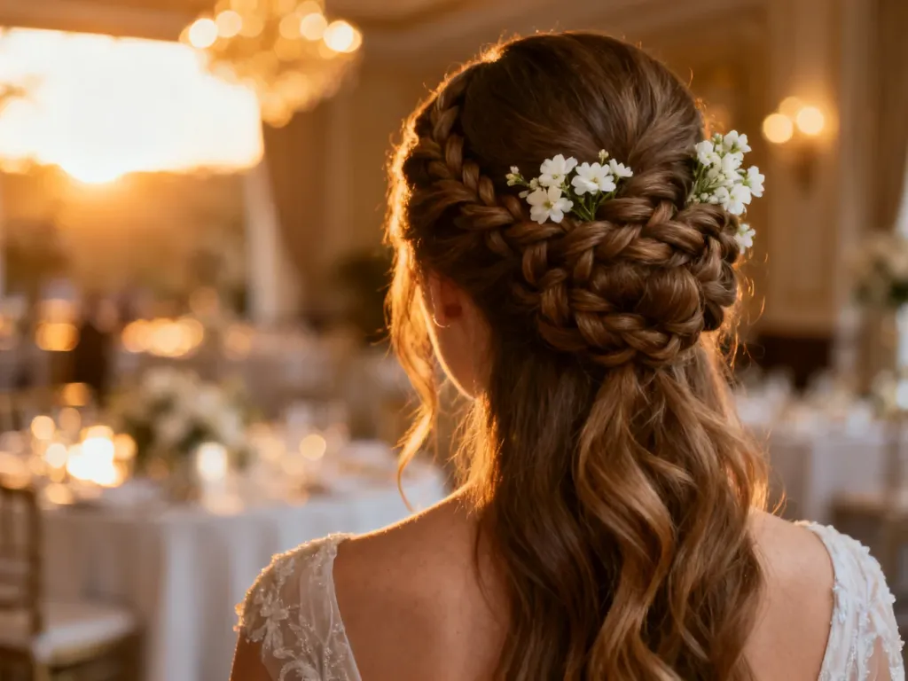 Eleganckie upięcie z długich włosów z warkoczem i białymi kwiatami, idealne na wesele.