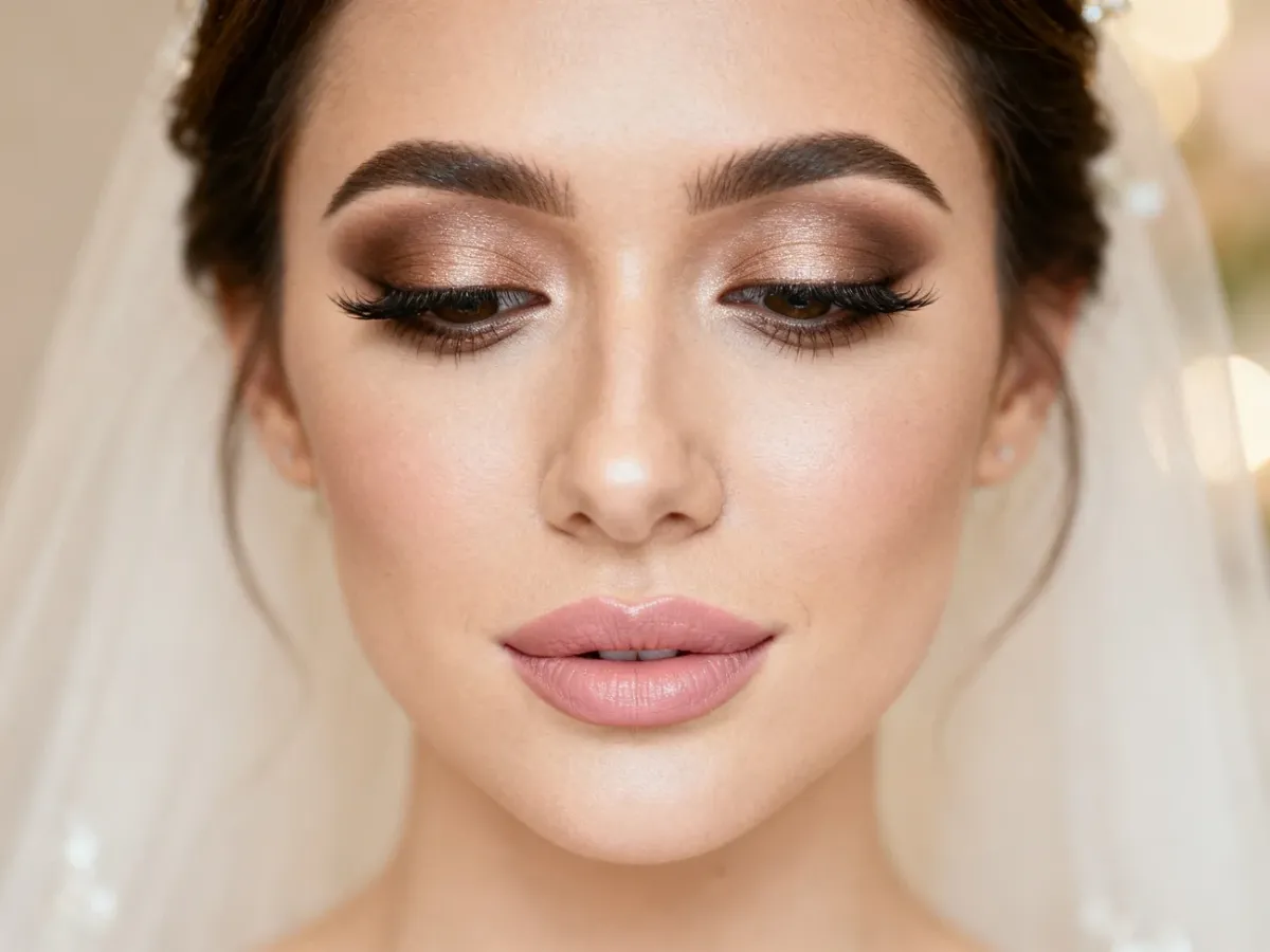 Panna młoda w eleganckim makijażu glamour z rozświetloną cerą i delikatnym smokey eye