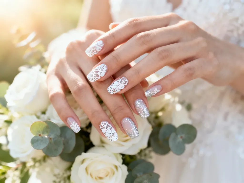 Dłonie panny młodej z eleganckim manicure żelowym w kwiatowe wzory i brokat, na tle rozmytego bukietu ślubnego.