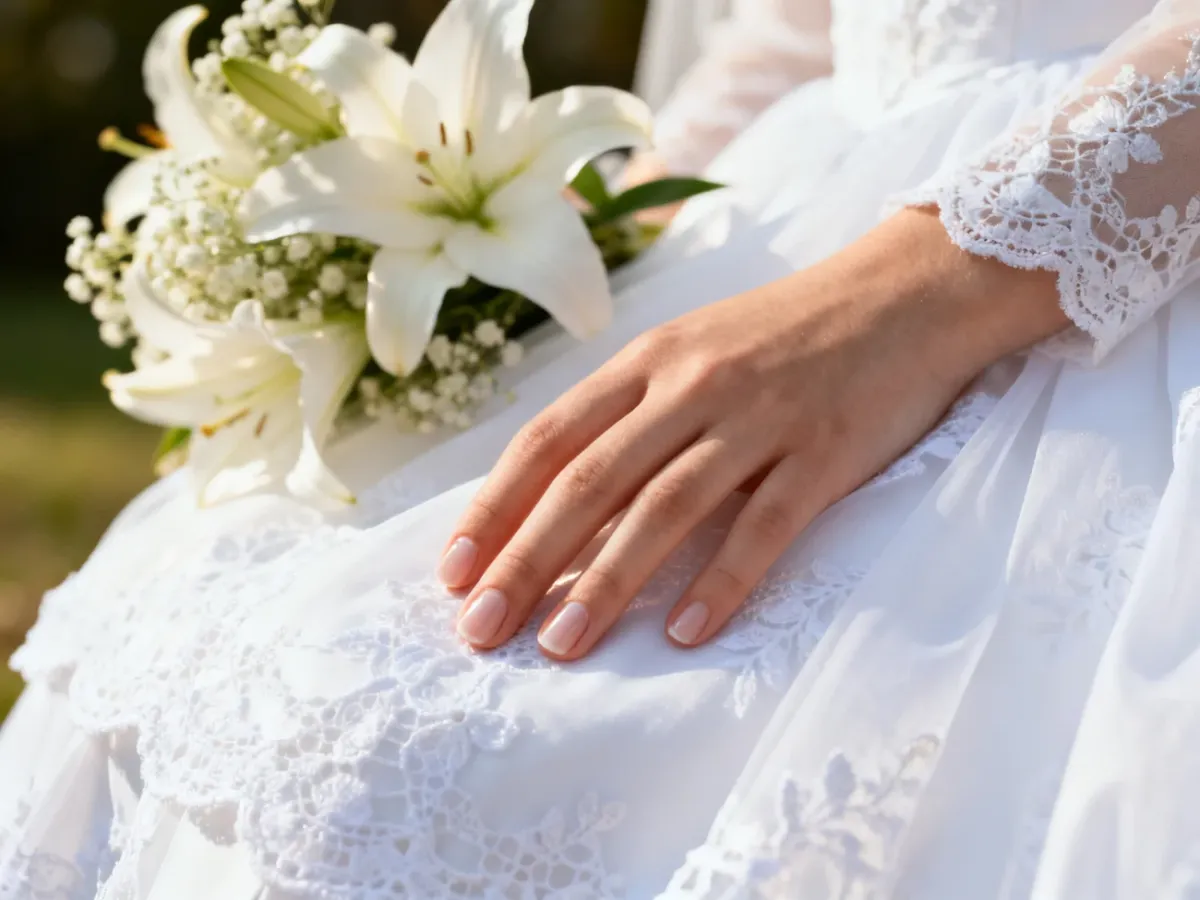 Zadbana dłoń z eleganckim manicure na tle białej koronki i kwiatów, idealnie pasująca do stylizacji komunijnej.