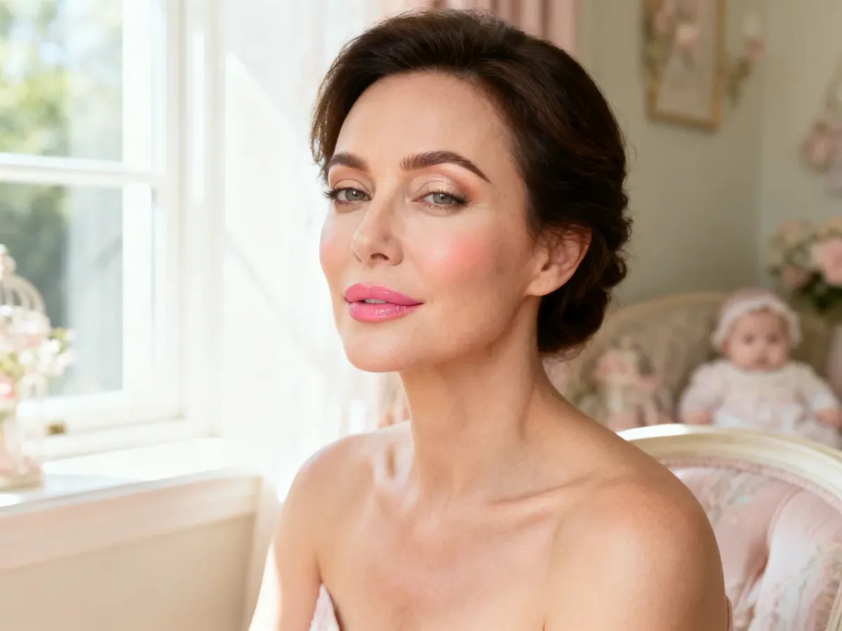 Kobieta w eleganckim, naturalnym makijażu na chrzciny