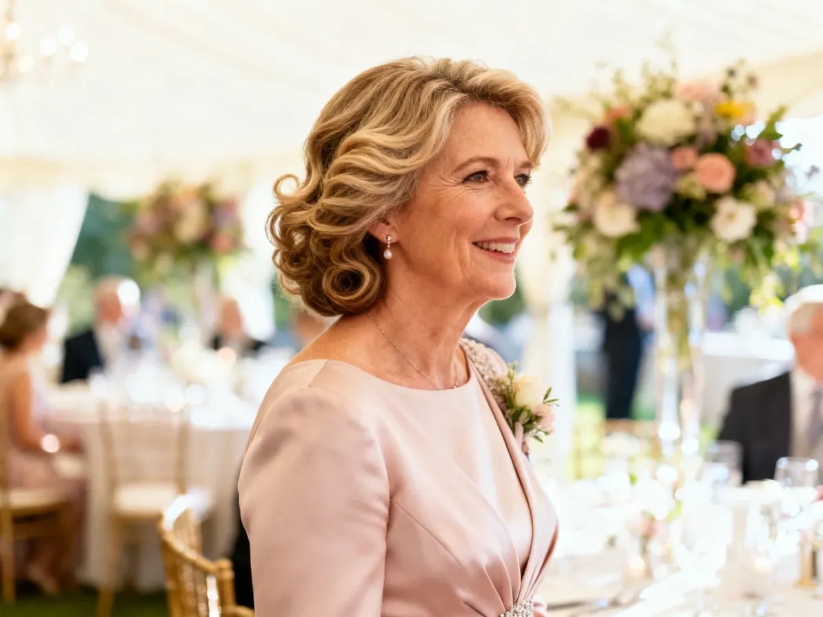 Dojrzała kobieta z elegancką, naturalną fryzurą na ślub dziecka