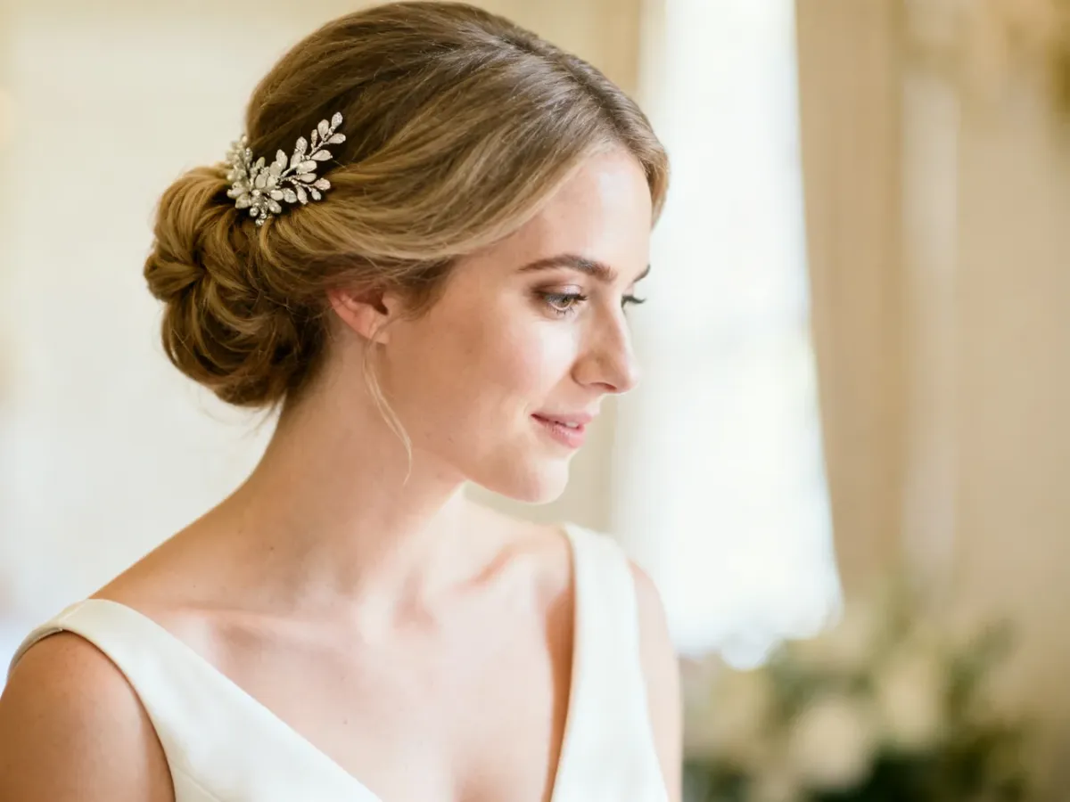 Panna młoda z elegancką ozdobą we włosach i delikatnym upięciem