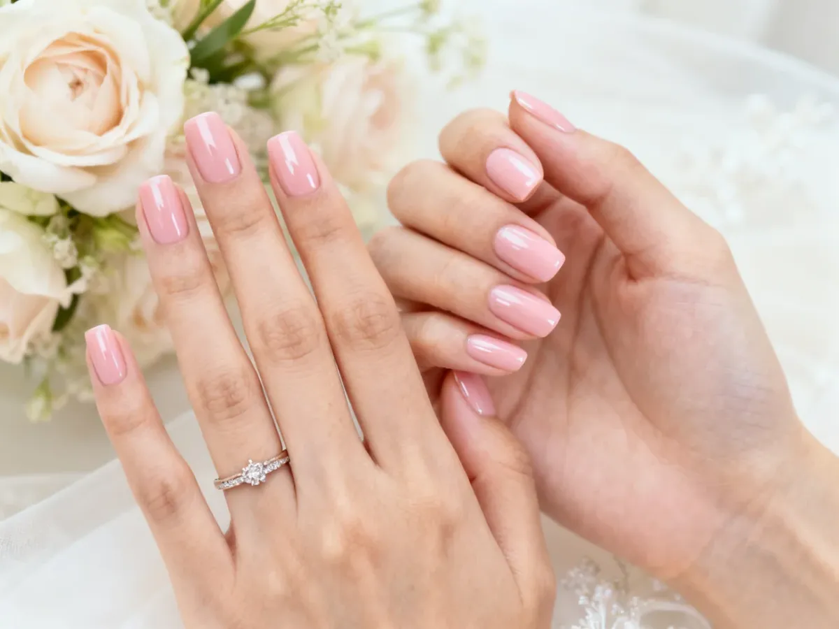 Dłonie panny młodej z eleganckim manicure w pudrowym różu