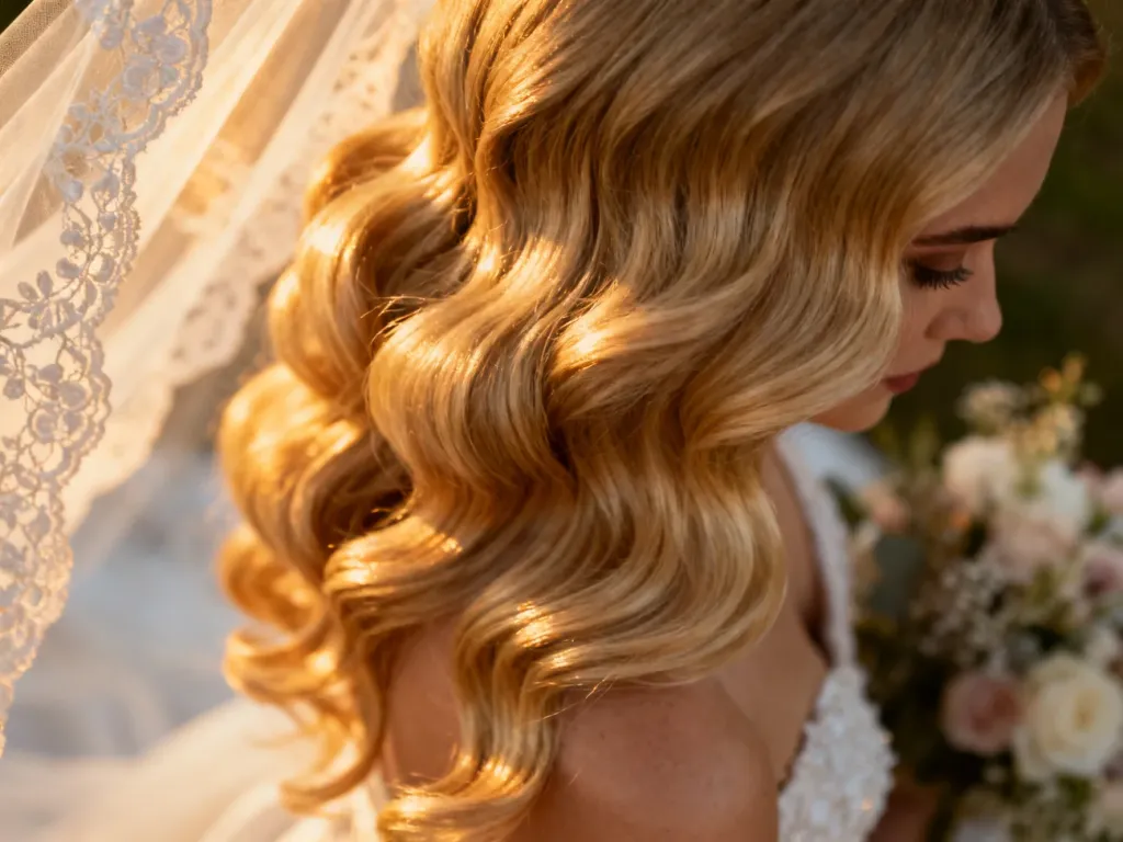 Eleganckie, lśniące fale na blond włosach panny młodej w miękkim świetle zachodzącego słońca.