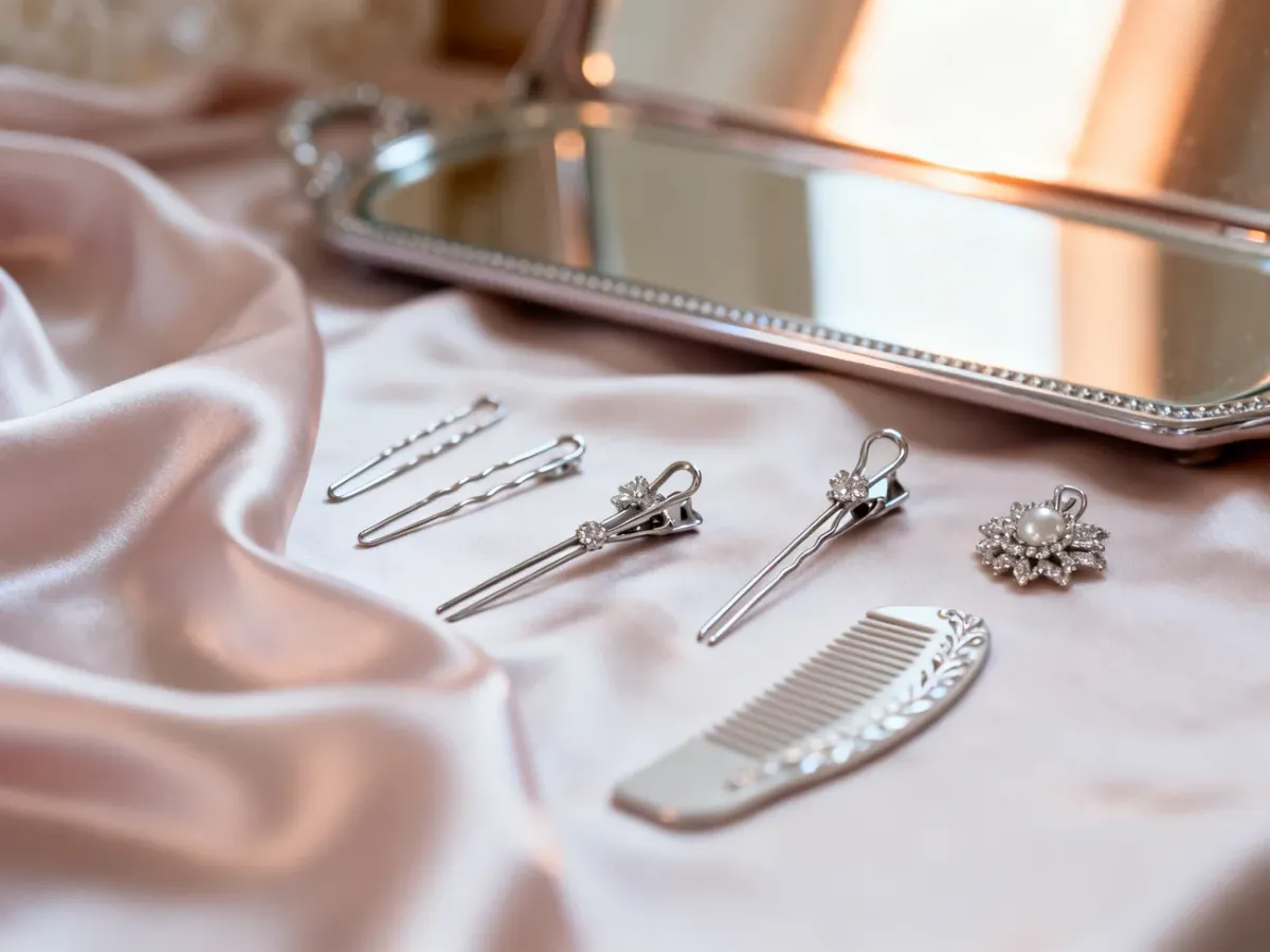 Eleganckie akcesoria do włosów, takie jak spinki i grzebyk, ułożone na jedwabnym materiale w słonecznym świetle.