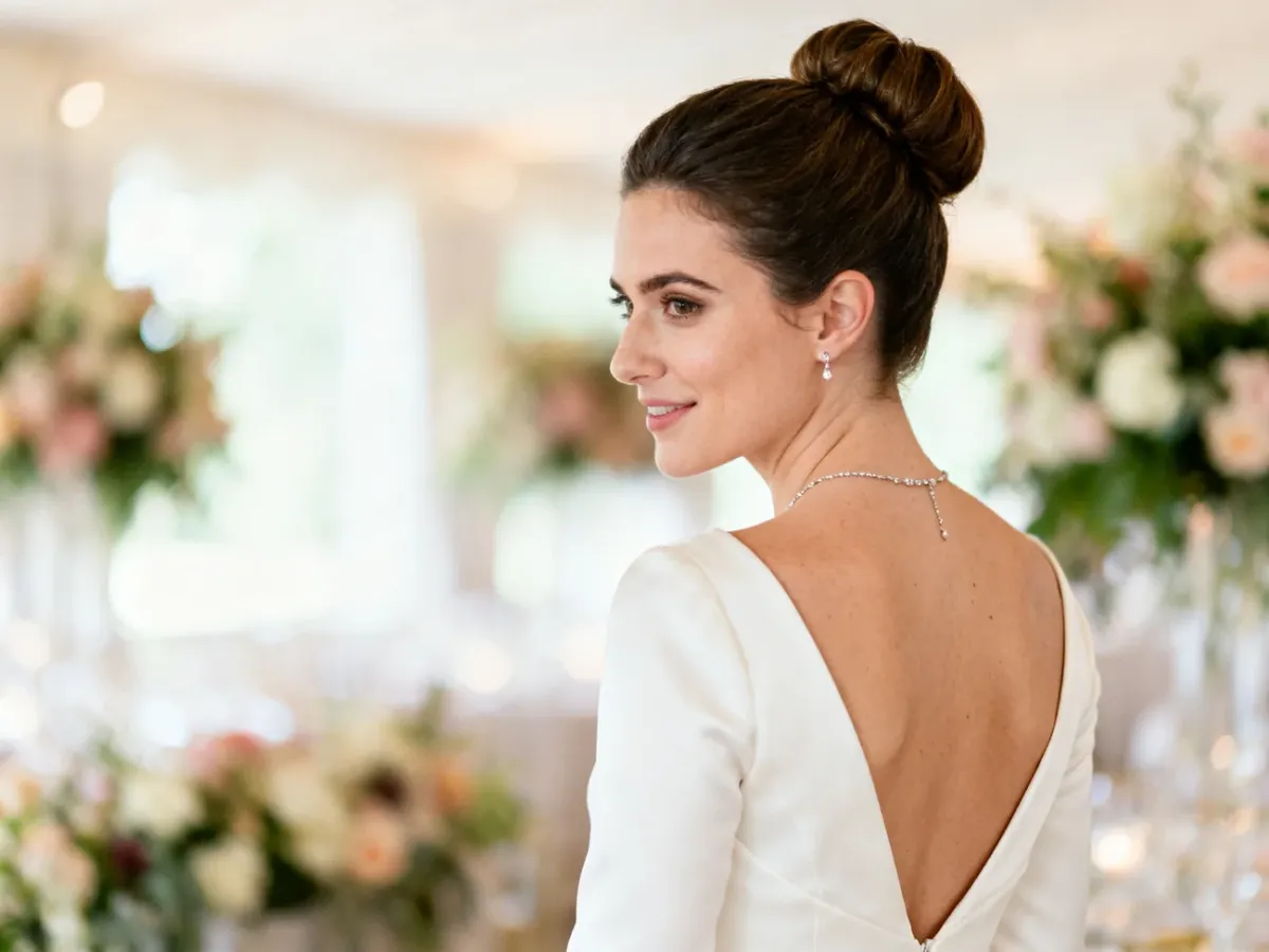 Panna młoda w eleganckim wysokim kok ujęta z boku i od tyłu