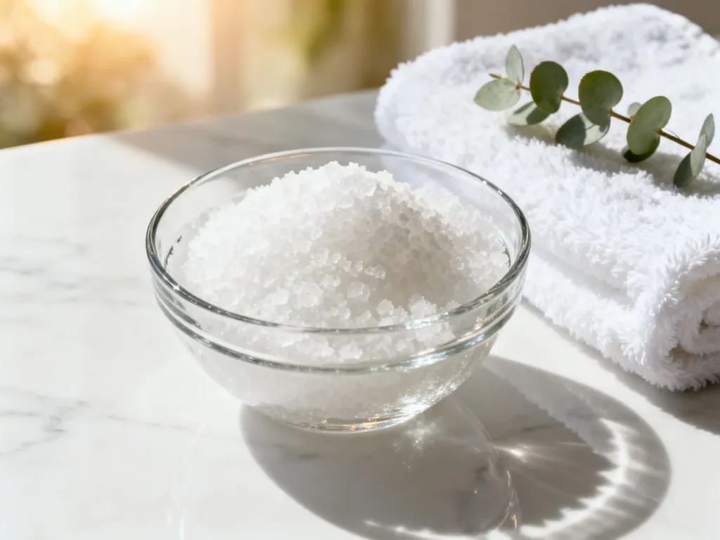 Szklana miseczka z peelingiem solnym, ręcznikiem i gałązką eukaliptusa na marmurowym blacie w stylu spa.