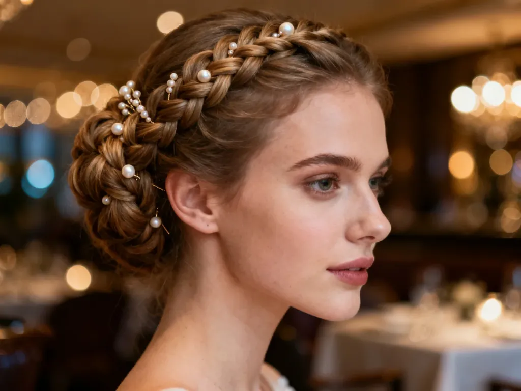 Eleganckie upięcie z warkoczem ozdobione perłami w romantycznym, wieczorowym oświetleniu, idealne na rocznicę ślubu.