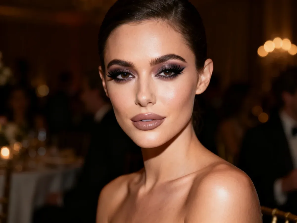 Kobieta z eleganckim, trwałym makijażem wieczorowym w ciepłym świetle