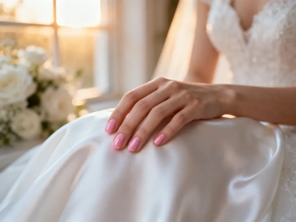 Elegancki manicure w kolorze pudrowego różu na dłoni panny młodej, prezentujący delikatną i romantyczną stylizację ślubną.