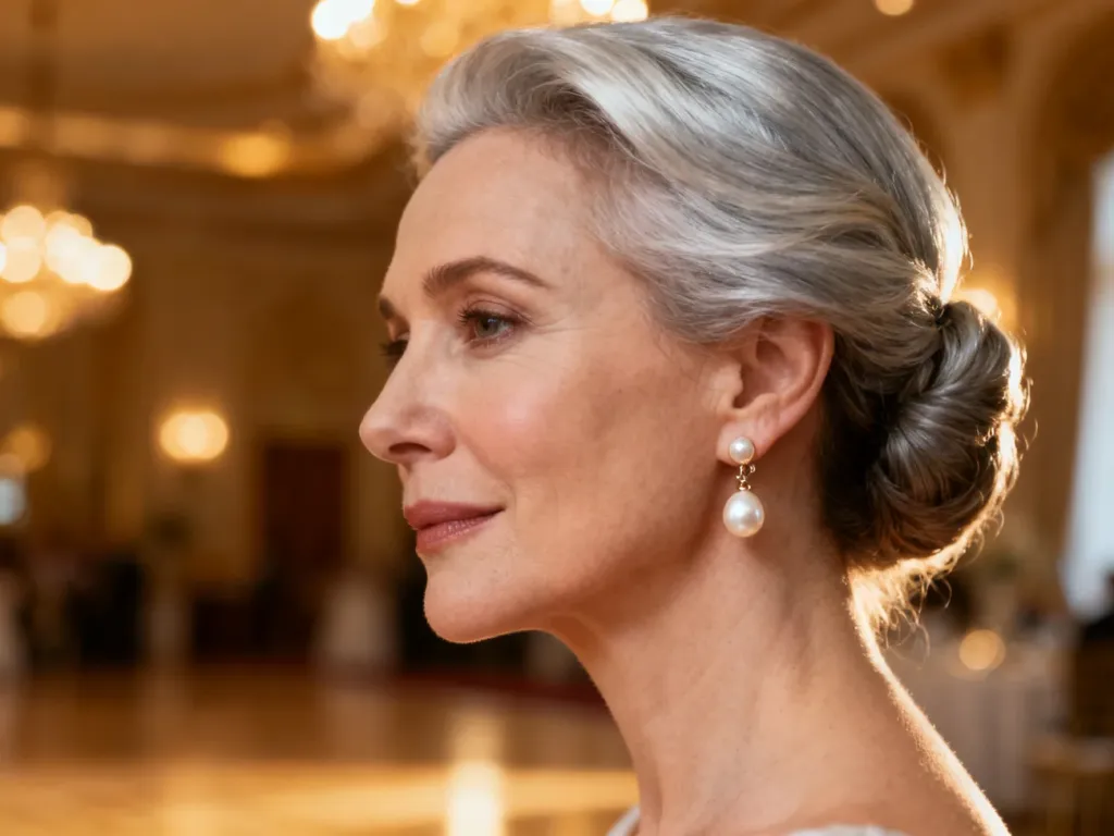 Eleganckie upięcie z subtelnymi srebrzystymi refleksami u dojrzałej kobiety, podkreślone perłowymi kolczykami.