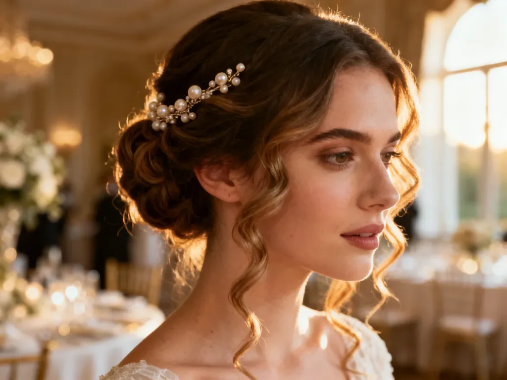 Eleganckie, luźne upięcie z lokami i perłowymi ozdobami, idealne jako inspiracja fryzury ślubnej dla twarzy sercowatej.
