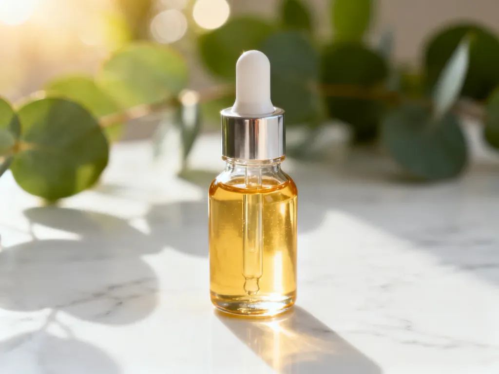 Złote serum w szklanej butelce z pipetą na marmurowym blacie, podkreślające profesjonalną pielęgnację skóry.
