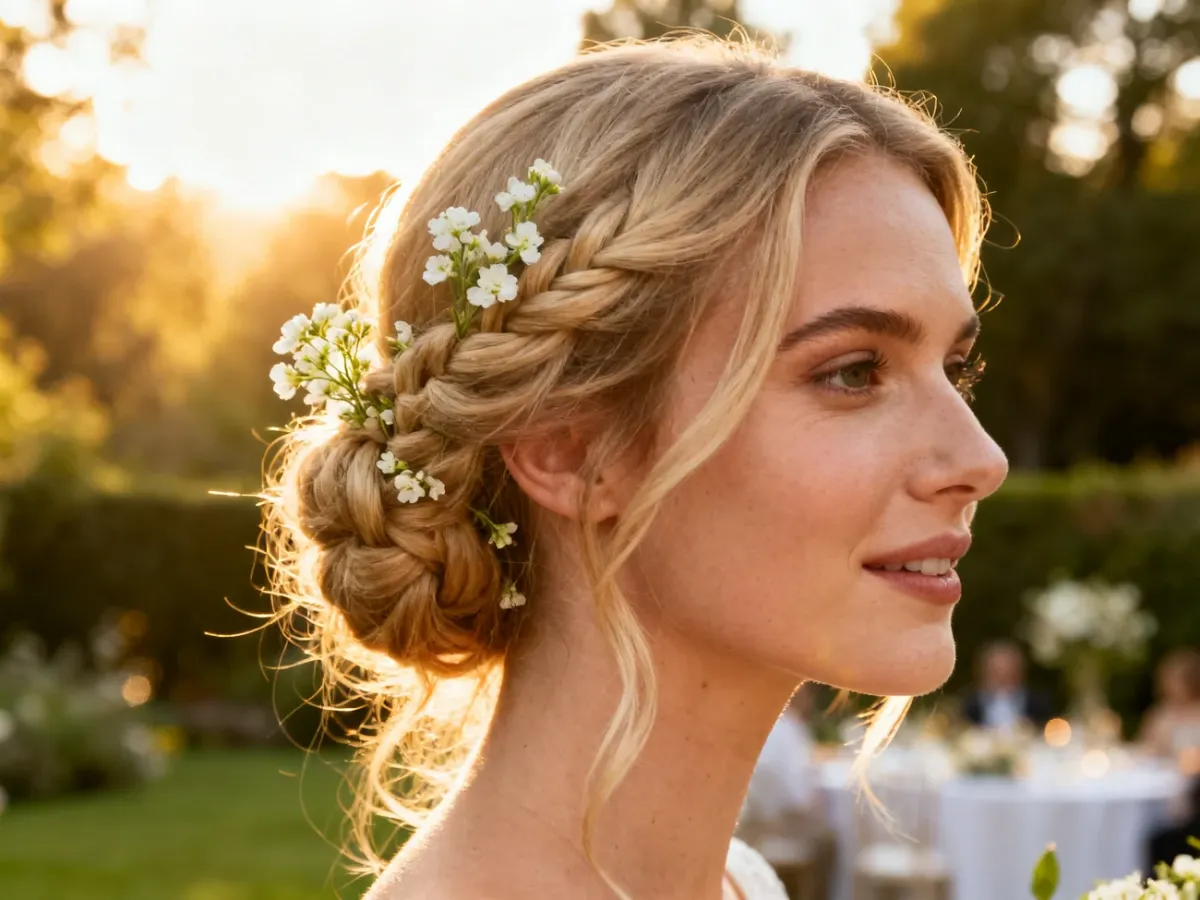 Eleganckie upięcie z jasnych włosów z wplecionymi drobnymi kwiatami, idealne na letnie wesele w plenerze.