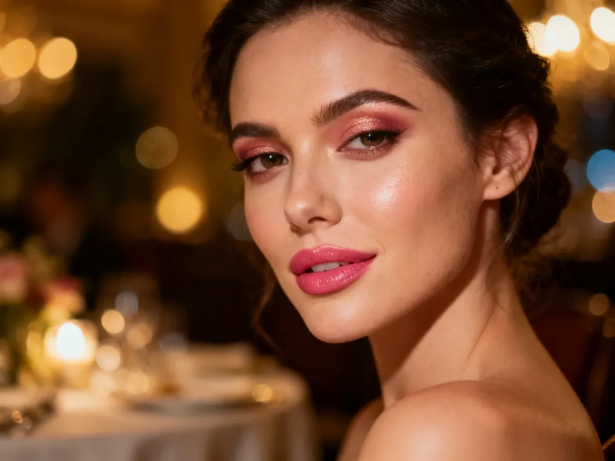 Kobieta w eleganckim makijażu wieczorowym w ciepłym świetle restauracji