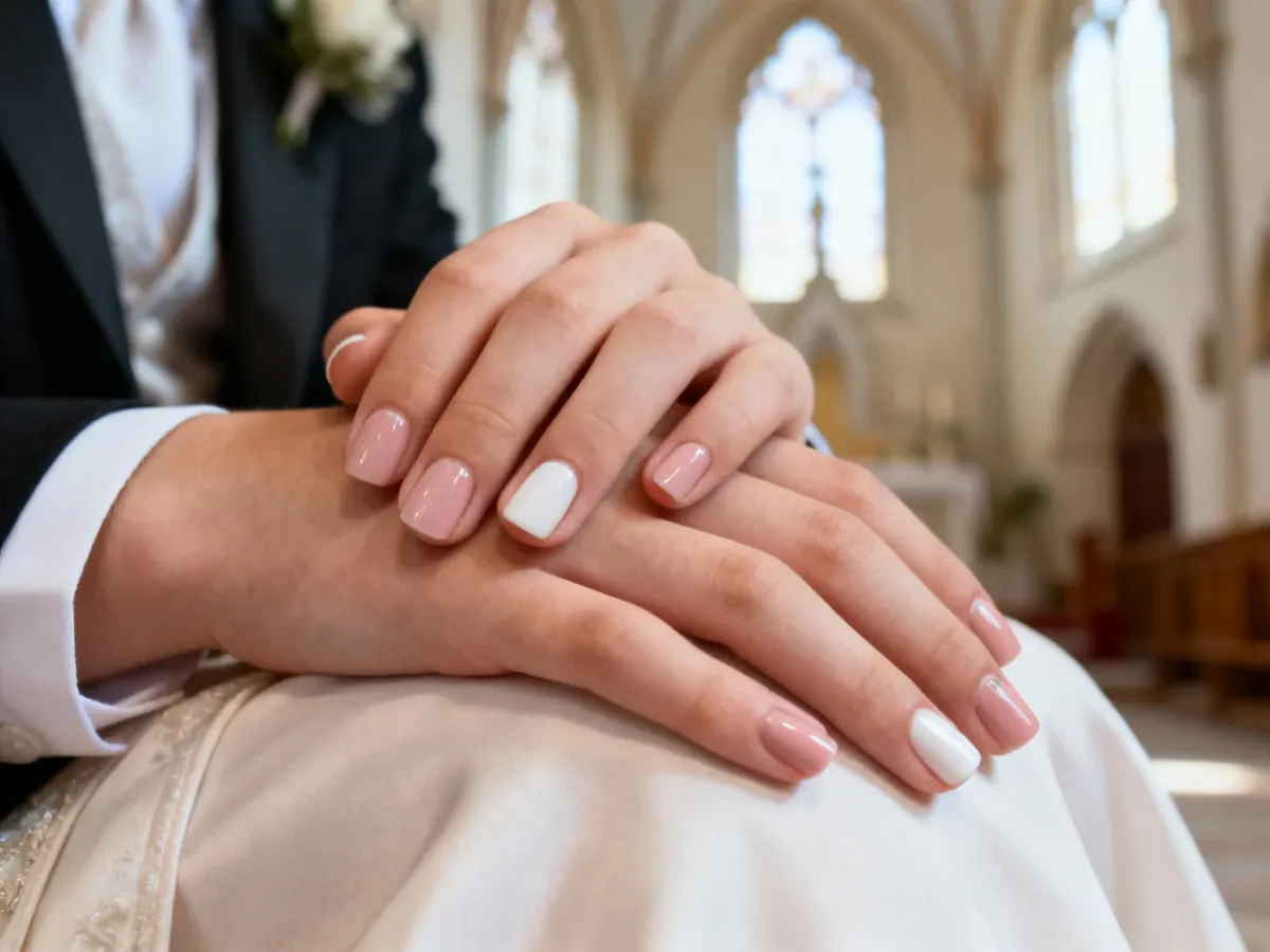 Subtelny nude i mleczny manicure na krótkich, zadbanych paznokciach