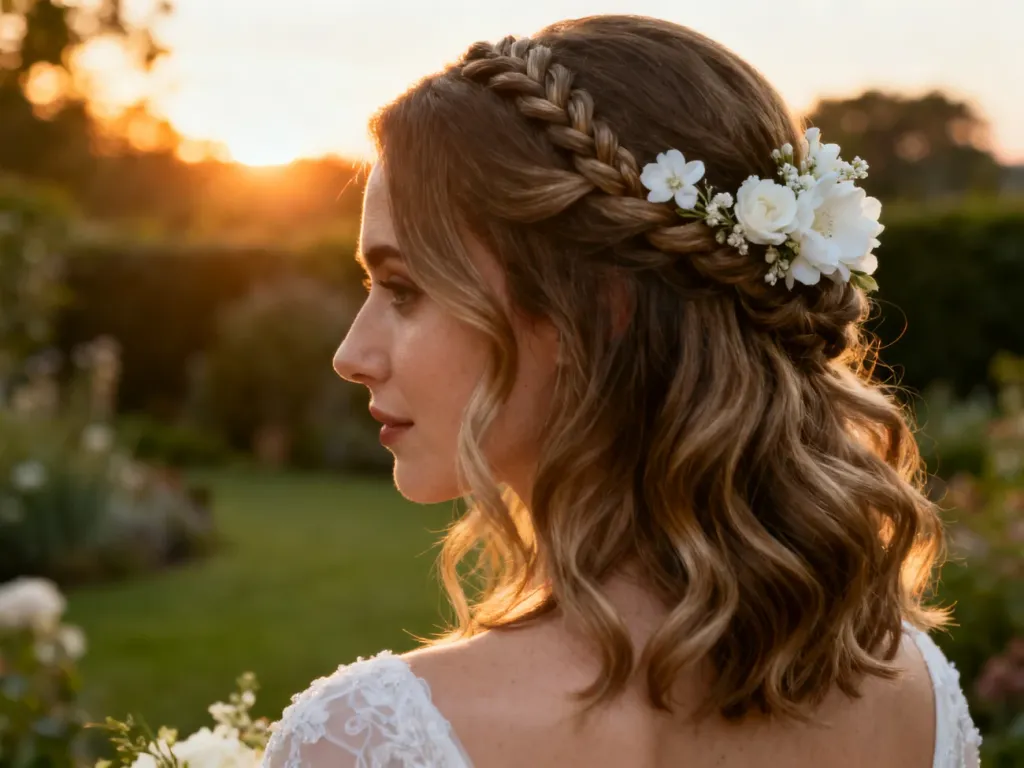 Elegancka fryzura ślubna na włosy do ramion z delikatnymi białymi kwiatami i miękkimi falami w świetle zachodzącego słońca.
